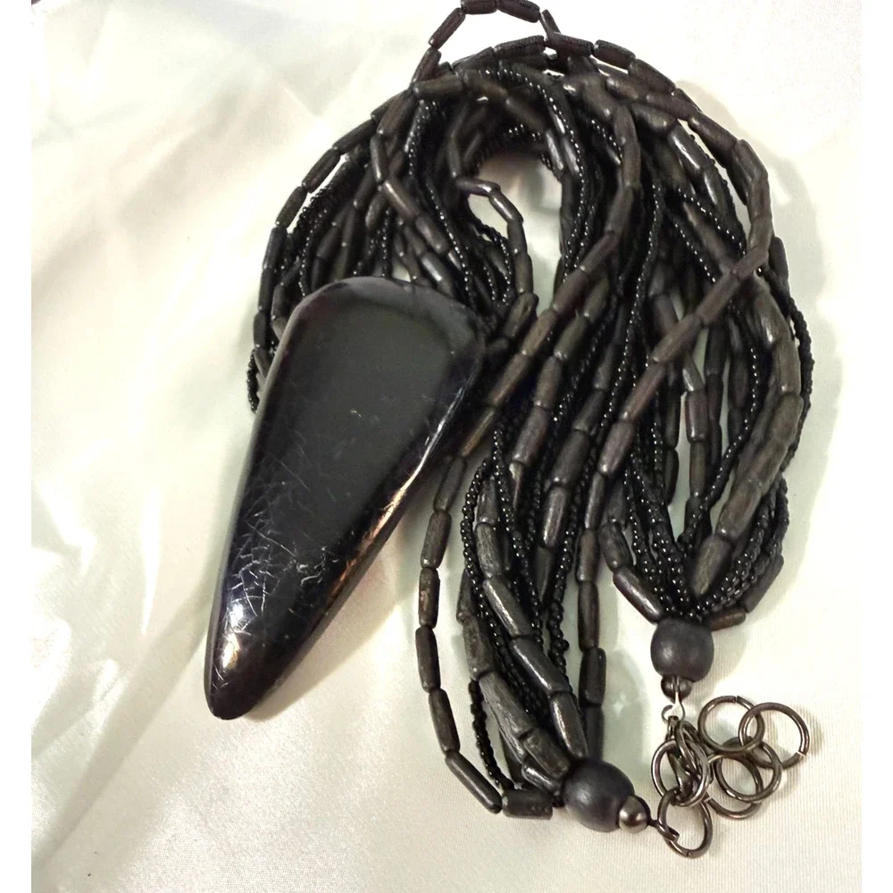 Tribal 14-Strand Wood Seed Bead Necklace Brown Black Crackle Shield Pendant 22